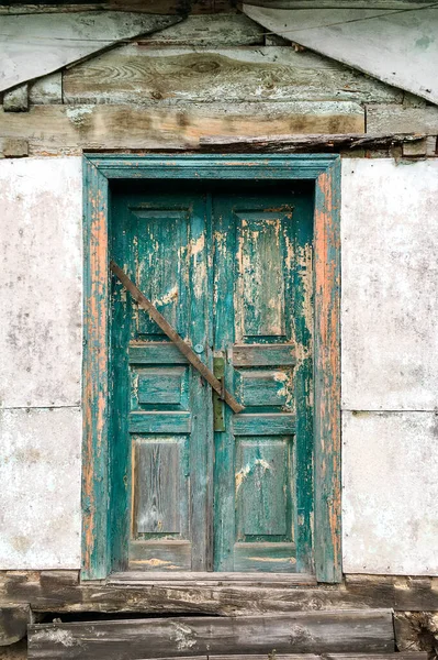 Old Blue Door Brass Handle Abandoned Ancient House Close Outdoors — Stock Photo, Image