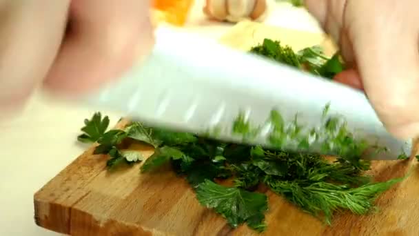 Chef Cutting Dill Parsley Large Sharp Kitchen Knife Wooden Chopping — Stock Video