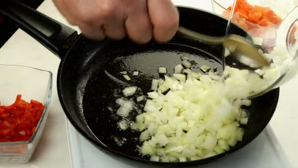 Chef Add Sliced Red Pepper Onion Tomato Frying Pan Healthy — Stock Video