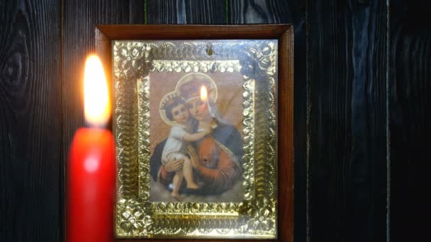 Candle Burning Dark Soft Focus Virgin Mary Icon Religion Spirituality — Stock Video