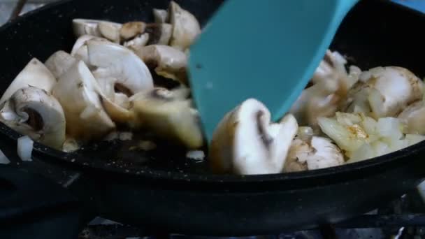 Primi grandi champignons commestibili, tagliati a quattro fette e cipolle tritate finemente, mescolando in padella per cucinare e fare cibo delizioso. Primo piano. — Video Stock