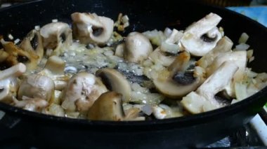 Çiğ, yenilebilir büyük şampiyonlar, dört dilime bölünmüş soğan ve ince doğranmış soğanlar, kızartma tavasında karıştırılıyor..