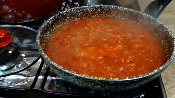 Salsa di pomodoro salata con verdure per pasta o pizza, cuocere a fuoco lento in padella a gas. Ricetta per fare pasta o tagliatelle in cucina casalinga. Primo piano. — Video Stock