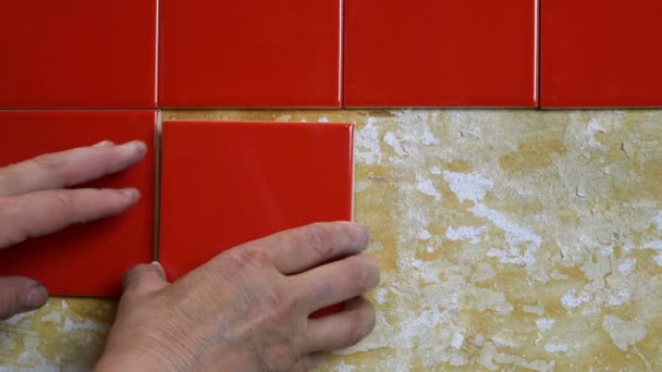 Worker hands placing small red ceramic tile on wall during repair kitchen or bathroom. Loft interior with your own hands at home. Close-up. — Stock Video