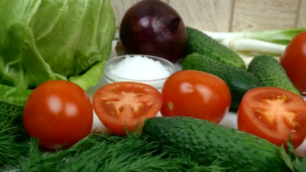 Finom friss zöldségek az egyszerű nyári egészséges vegetáriánus salátához. Káposzta, paradicsom, hagyma, fokhagyma, petrezselyem és kapor. Egészséges összetevők az egészséges ételekhez. Szelektív fókusz. — Stock videók