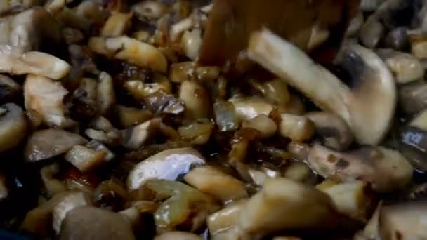 Fijngehakte champignons worden in pan gebakken in kokende plantaardige of olijfolie en grondig gemengd met keukenspatels. Huiselijke keuken. Dolly neergeschoten. Close-up. — Stockvideo