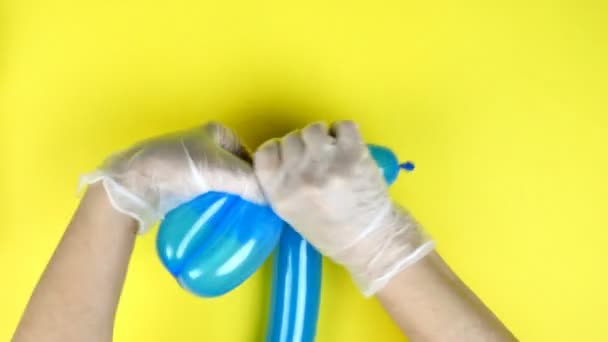Hands in white gloves make toy dog from long blue balloon, twist figurine. On bright yellow background. Training or masterclass of holiday or party. Top view. Close-up. — Stock Video