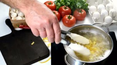 Şef tencerede makarna pişiriyor. Ev mutfağında İtalyan tagliatelle hazırlığı. Tencereyle makarnayı karıştıran maşayla yemek yapmak. Mantar, yumurta, domates, tuz, maydanoz, kırmızı biber. Yakın plan..