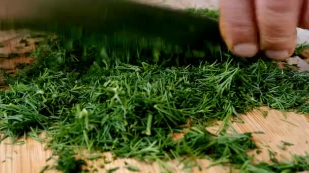 Couper finement bouquet d'aneth vert frais avec couteau de cuisine sur la planche à découper, préparer la verdure avec des vitamines pour une préparation végétarienne ou végétalienne saine. Concentration sélective. Gros plan. — Video