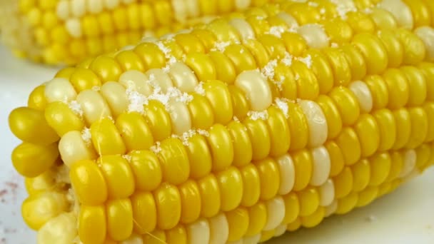 Sweet hot corn sprinkled with salt and ground red pepper. Grains of salt fall on hot corn and and ground chili. Mexican food. Close-up. — Stock Video