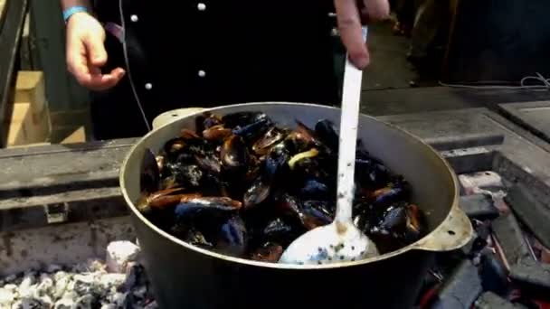 新鮮なおいしい揚げムール貝をコルドロンの殻に混ぜる料理.地元のストリートマーケットやフェスティバルでストリートフードを販売しています。地中海料理。閉鎖. — ストック動画