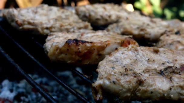 Fritar pedaços suculentos de carne fresca de porco no pescoço carne preparada na grelha ou churrasqueira ao ar livre na natureza no quintal. Fumar carvão vegetal. Close-up. — Vídeo de Stock