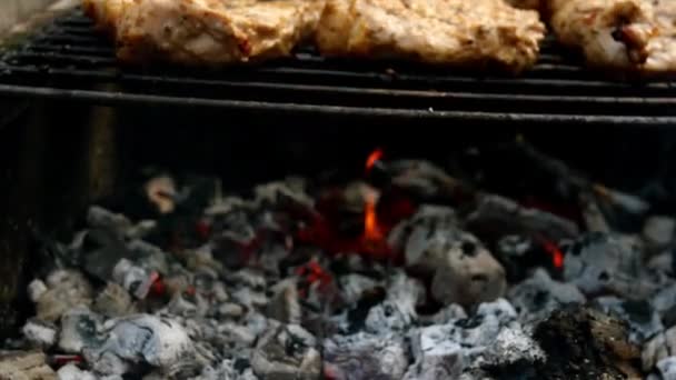 Fritar pedaços suculentos de carne fresca de porco no pescoço carne preparada na grelha ou churrasqueira ao ar livre na natureza no quintal. Fumar carvão vegetal. Close-up. — Vídeo de Stock