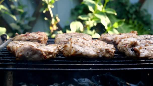 Fritar pedaços suculentos de carne fresca de porco no pescoço carne preparada na grelha ou churrasqueira ao ar livre na natureza no quintal. Fumar carvão vegetal. Close-up. — Vídeo de Stock