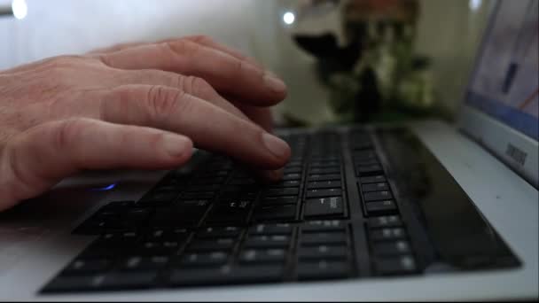 Le mani umane di persona che lavora a computer portatile e digitando qualcosa su tastiera in notebook. L'uomo d'affari o il collaboratore esterno scatta sopra pulsanti. Concentrazione selettiva. Primo piano. — Video Stock