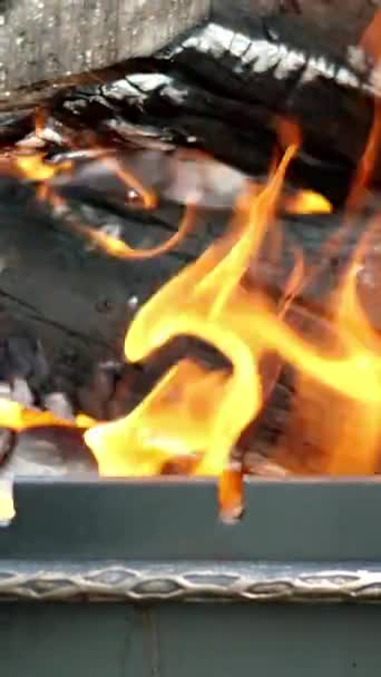 Fogo quente brilhante em troncos de madeira seca e carvão de queimaduras de lenha em churrasqueira ao ar livre com chamas e chamas de línguas amarelas. Calor de lenha queimada. Vídeo vertical. Close-up. — Vídeo de Stock