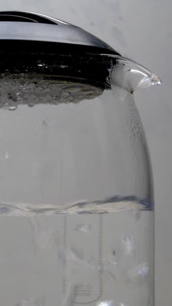 Seething water with bubbles boils in transparent glass electric kettle on light background. Vertical format. Close-up. — Stock Video