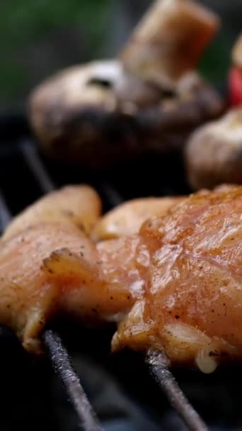 양념된 닭고기 가슴 스테이크는 그릴이나 바베큐 기구에서 요리했습니다. 야채 종 피망 과 버섯. 수직 영상입니다. 클로즈업. — 비디오