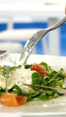 Kafkas kökenli insan elleri çatal ve bıçak tutuyor, lezzetli taze salatada otlar kesiyor. Somonlu salata, avokado, tofu peyniri ve ıspanak. Sağlıklı vejetaryen yemekleri. Dikey video.