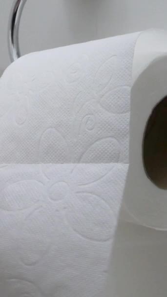 La mano humana escoge mucho rollo de papel higiénico en el baño. Papel higiénico que cuelga en la pared del baño . — Vídeo de stock