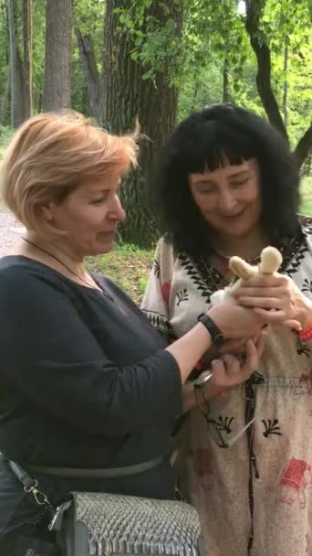 Dos mujeres adultas maduras mirando y jugando a la muñeca, de pie en el parque. En el soleado día de verano. Al aire libre. — Vídeo de stock