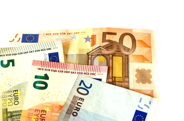 Beş Euro Eur 5, 10 avro Eur 10, yirmi avro Eur 20 ve 50 Euro 50 Eur beyaz arka planını banknotlar nominal değerli faturaları.
