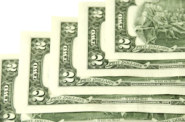 Two dollars. Five denominations together. — Stock Photo, Image