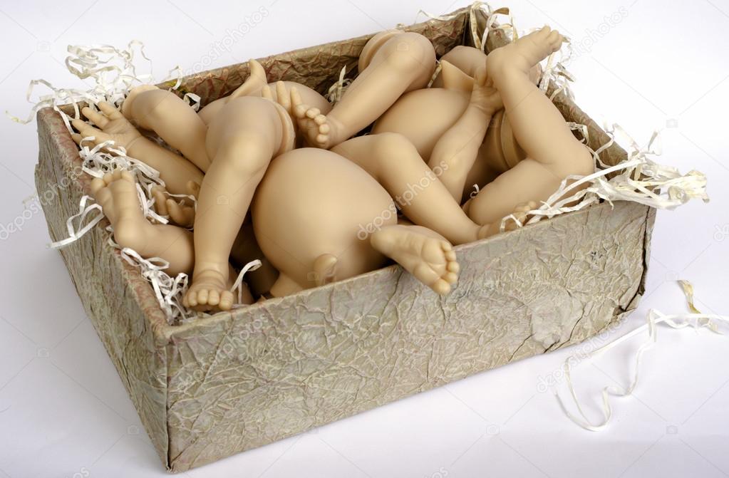 Hands, feet, head doll in cardboard box.