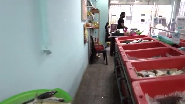 Bangi, Malásia - 7 de março de 2021 - POV caminhando em Freshmart a loja do mercado de peixe. — Vídeo de Stock