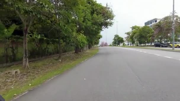 Bangi, Malasia - 21 de marzo de 2021 POV motocicleta en el camino lleno de flores de Tacoma floreciendo en el lado de la carretera. — Vídeos de Stock