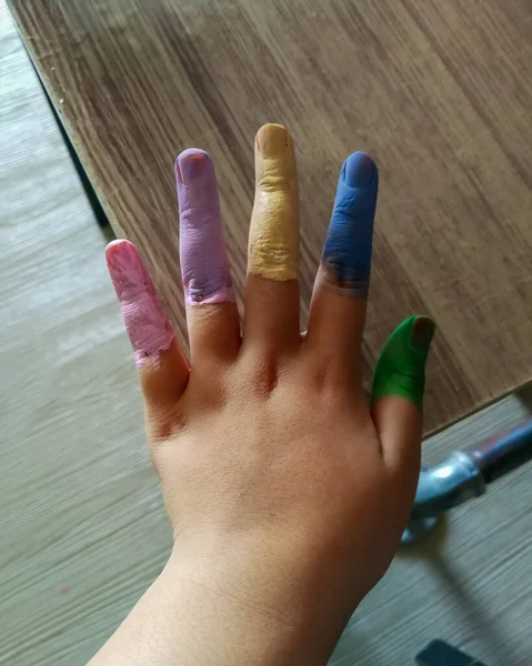 Dedos Pintados Niños Colores Vista Superior —  Fotos de Stock