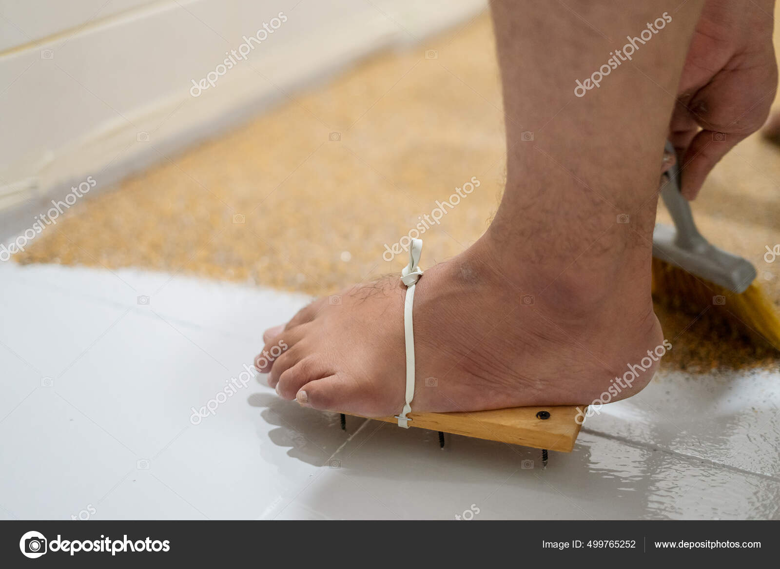 Feet Wearing Painters' Wooden Shoes Nails Self Leveling Epoxy