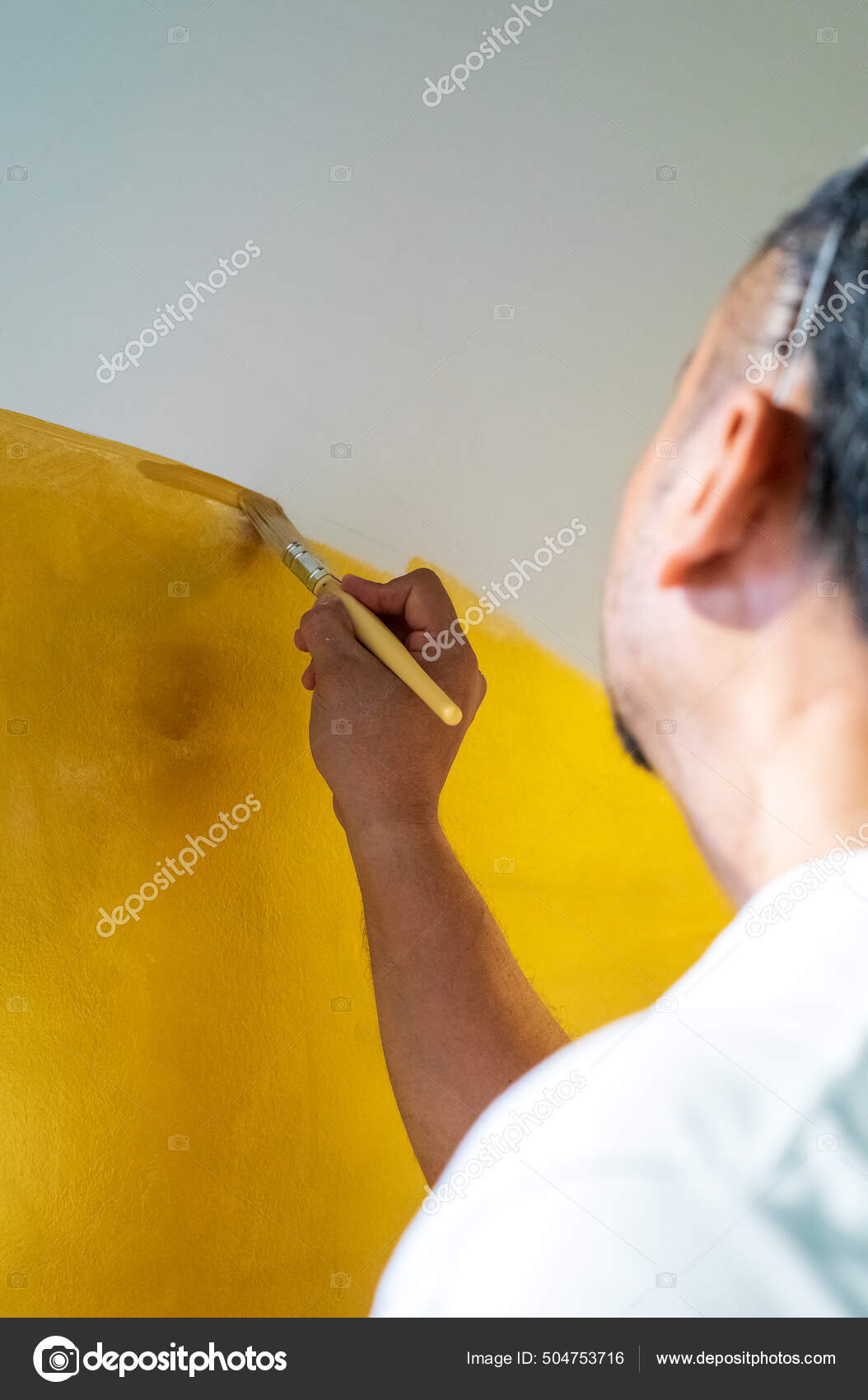 Painting Wall Brush Gold Paint Home Improvement Diy Project Stock Photo