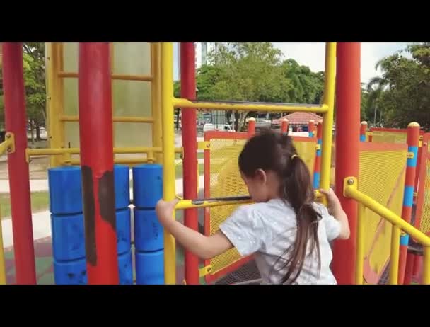 Little Girl Ponytail Climbs Ladder Playground Happy Child Climbing — Video Stock