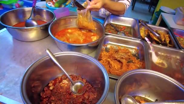 Various Types Breakfast Lauk Dishes Malaysian Food Stall Footage May — Stock Video