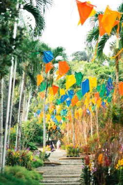 PUTRAJAYA, MALAYSIA - 6 Eylül 2019: 2019 Kraliyet Floria Putrajaya Çiçek ve Bahçe Festivali 'nde asılı renkli bir uçurtma.