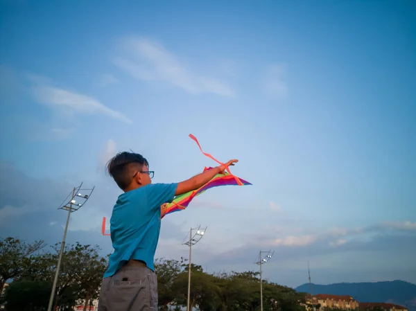 Asiatisk Ung Pojke Blå Skjorta Leker Med Draken Fältet Parken — Stockfoto