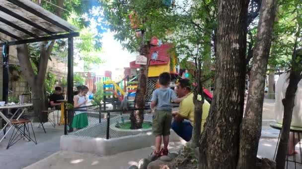 Asijské děti si hrají s papoušky v kavárně. Časová prodleva — Stock video