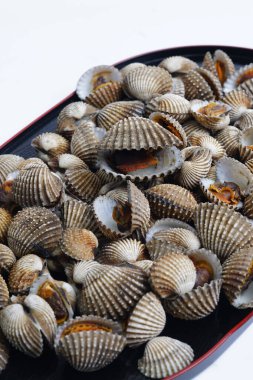 Asya 'da küçük midye kabukları ya da kerang darah olarak adlandırılır. Siyah Tabakta Gıda Biçimi, Taze, Doğal ve sahil için Deniz Ürünleri Görünümü oluşturur. Bu kurulum deniz ürünlerini, plajları, deniz ürünlerini kaplar.