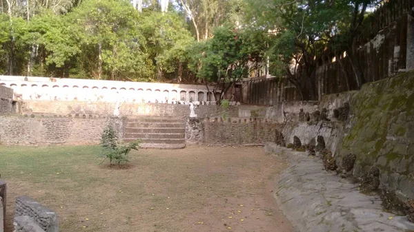 Hindistan 'daki kaya bahçesinde taş duvar ve yeşil ağaçlar.