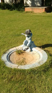 Bahçesinde süs suyu çeşmesi olan güzel yeşil bir bahçe.