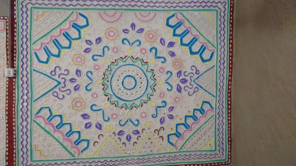 Kutch Hindistan Daki Kır Evinin Çamurlu Duvarında Güzel Yapımı Sanat — Stok fotoğraf