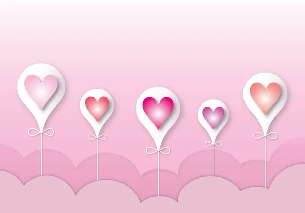 Corações Coloridos Com Balões Brancos Nuvens Fundo Rosa Pastel Conceito — Fotografia de Stock