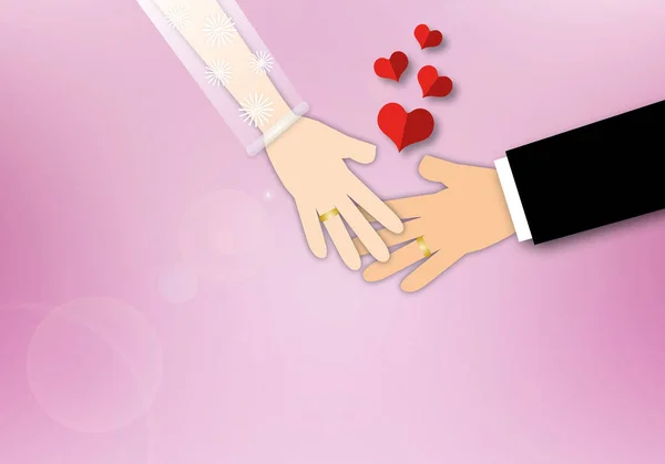 パステルピンクの背景に赤いハートを持つ若い夫婦 結婚式の日 愛のコンセプト カード ポスター 紙カットデザインスタイル — ストック写真