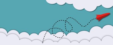 İş ve mali büyüme, başarı ve finansal gelişim, iş konsepti, kağıt kesim tarzı metaforu olarak bulutların üzerinde yükselen kırmızı roket.