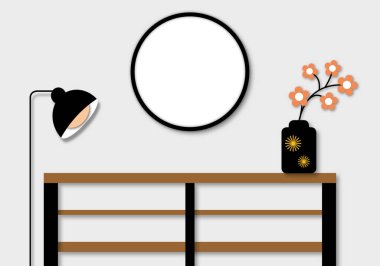 Boş resim çerçevesi, rafında lamba ve çiçek vazosu olan gri duvarda, modern tarz iç mekan, ev dekorasyonu ve minimalizm konsepti, grafik tasarım, bilgisayar tarafından oluşturulmuş resimler, kağıt kesimi tarzı.