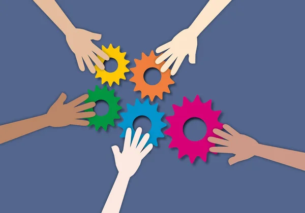 Group Hands Touching Colourful Gears Metaphor Effective Teamwork Unity Group — Stock Photo, Image
