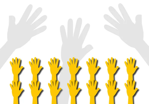 Conceito Levantar Mãos Para Expressar Opiniões Sobre Fundo Branco Team — Fotografia de Stock
