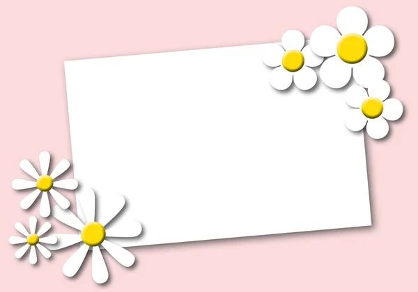 Flores Con Papel Blanco Sobre Fondo Rosa Pastel Concepto Tarjeta —  Fotos de Stock