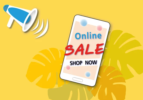 Megaphon Mit Online Shop Jetzt Auf Handy Auf Gelbem Hintergrund — Stockfoto